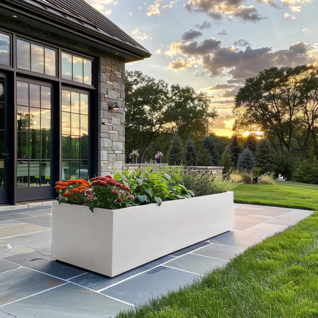 Metal planter with modern house. Long power coated rectangular steel planter thick gauge high quality welded in America USA made craftsman bespoke in the backyard of a modern farmhouse. Metal planter stone house. 