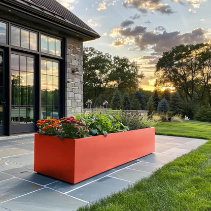 Metal planter and modern house. Long power coated rectangular steel planter thick gauge high quality welded in America USA made craftsman bespoke in the backyard of a modern farmhouse. Metal planter stone house. 