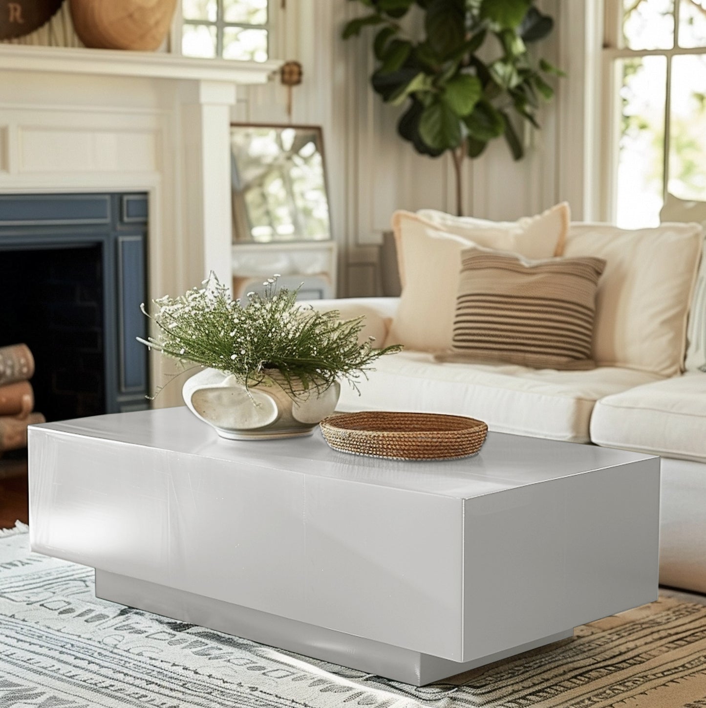 Long power coated rectangular steel coffee table thick gauge high quality welded in America USA made craftsman bespoke in the living room of a modern farmhouse. Metal coffee table and white washed brick house