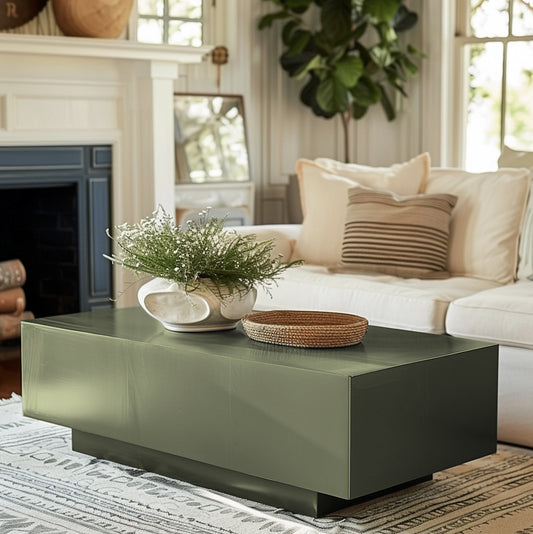 Long power coated rectangular steel coffee table thick gauge high quality welded in America USA made craftsman bespoke in the living room of a modern farmhouse