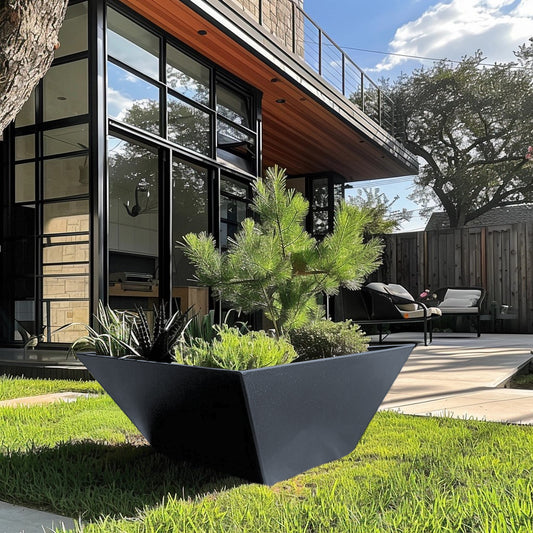 Long power coated shape steel planter thick gauge high quality welded in America USA made craftsman bespoke in the backyard of a modern house.