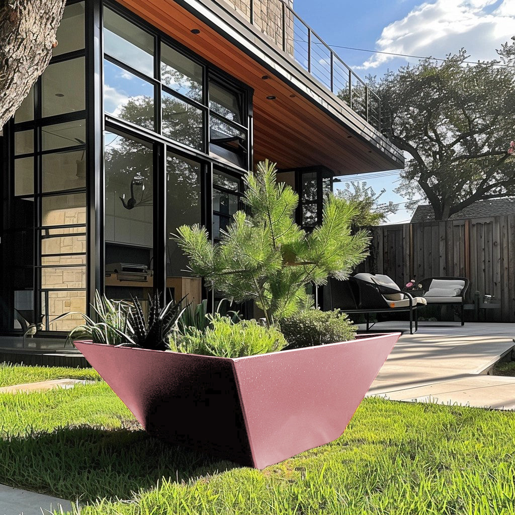 Long power coated shape steel planter thick gauge high quality welded in America USA made craftsman bespoke in the backyard of a modern house.