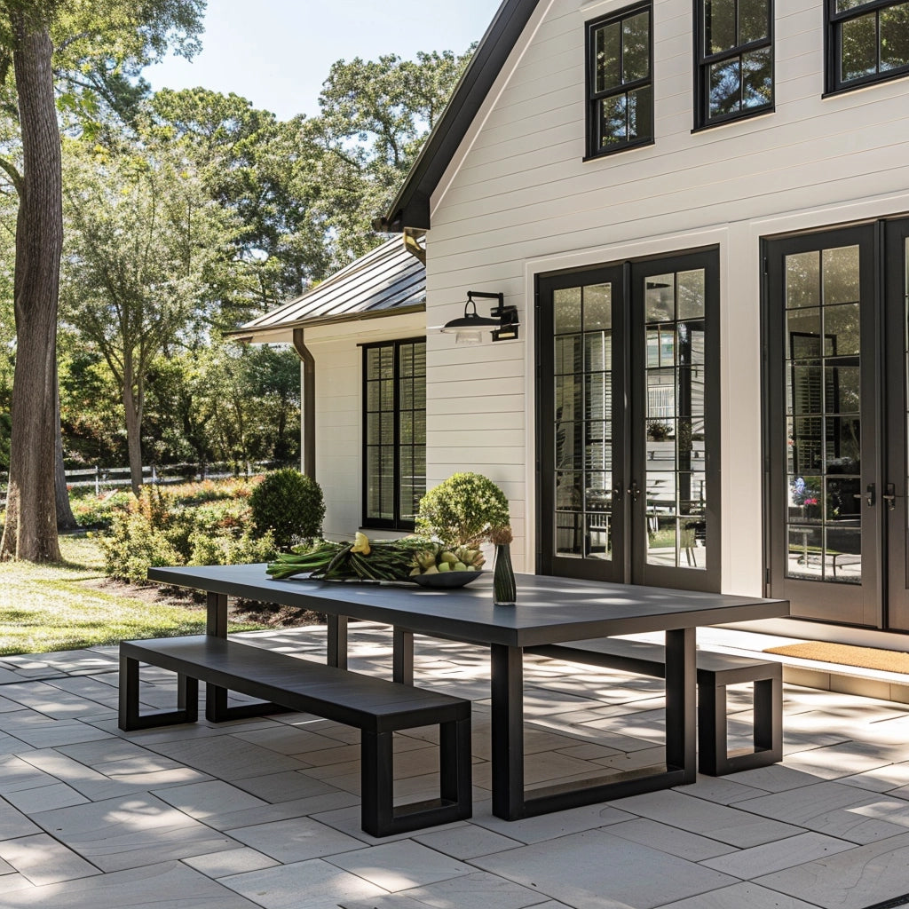  long power coated steel tall large outdoor seating made with thick gauge high quality welded in America USA made craftsman bespoke in a large backyard brick modern house. 