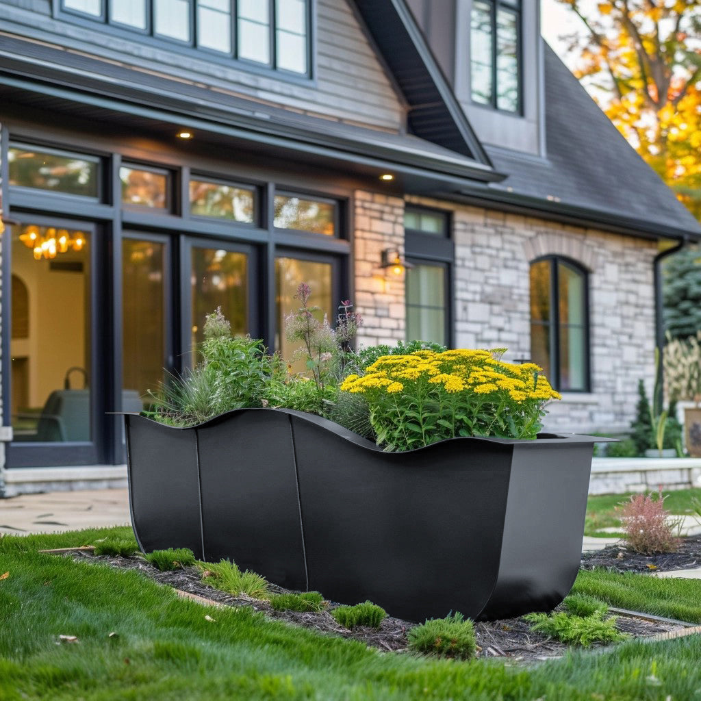 Long power coated funky steel planter thick gauge high quality welded in America USA made craftsman bespoke in the backyard of a modern farmhouse