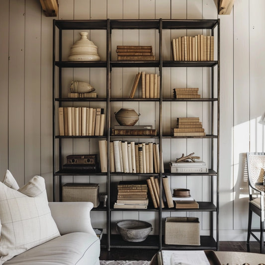 long power coated steel tall large oversized bookcase made with thick gauge high quality welded in America USA made craftsman bespoke in a modern farmhouse with white walls. 