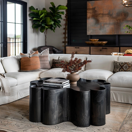 Black coffee table in a modern home living room. Statement piece coffee table steel heavy metal made in America USA 