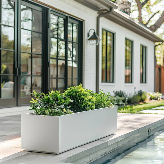 Long power coated rectangular steel planter thick gauge high quality welded in America USA made craftsman bespoke in the backyard of a modern farmhouse