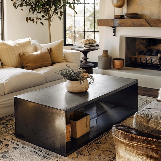long power coated steel coffee table in living room, cut out unique table made with thick gauge high quality welded in America USA made craftsman bespoke in a modern farmhouse with white walls. 