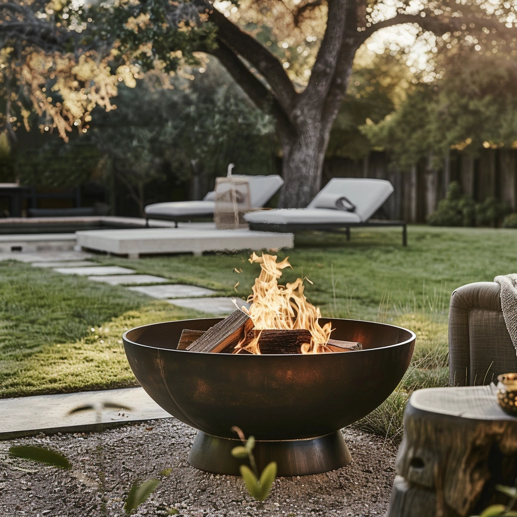 Outside steel large firepit made with thick gauge high quality welded in America USA made craftsman bespoke in a modern house large backyard.