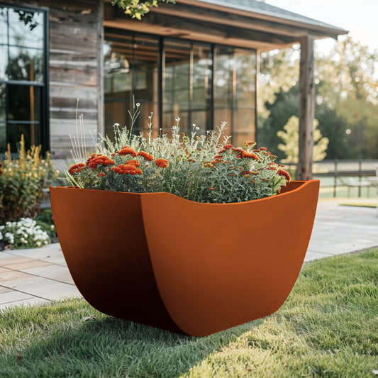  Long power coated funky steel planter thick gauge high quality welded in America USA made craftsman bespoke in the backyard of a modern farmhouse