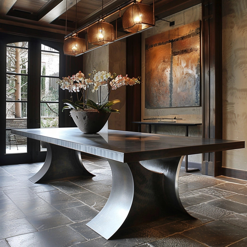 long power coated steel entryway table, couch table, cut out unique table made with thick gauge high quality welded in America USA made craftsman bespoke in a modern farmhouse with white walls.