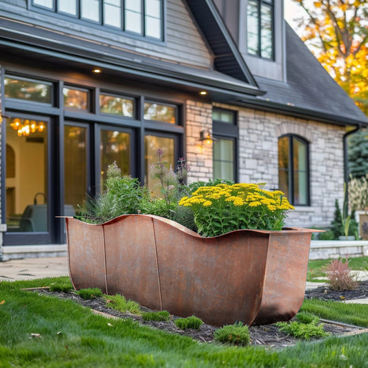 Long power coated funky steel planter thick gauge high quality welded in America USA made craftsman bespoke in the backyard of a modern farmhouse