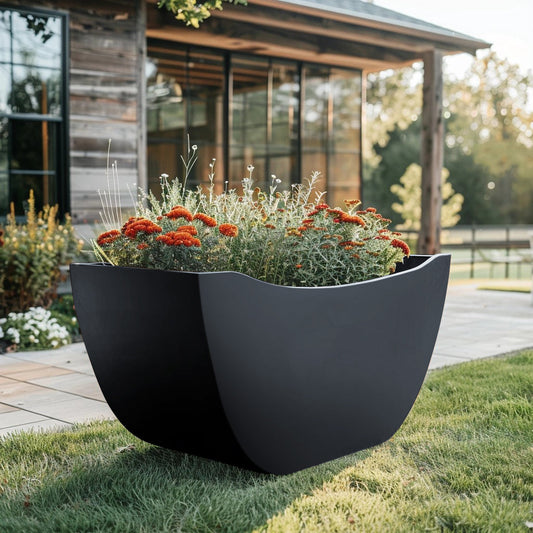 Long power coated funky steel planter thick gauge high quality welded in America USA made craftsman bespoke in the backyard of a modern farmhouse